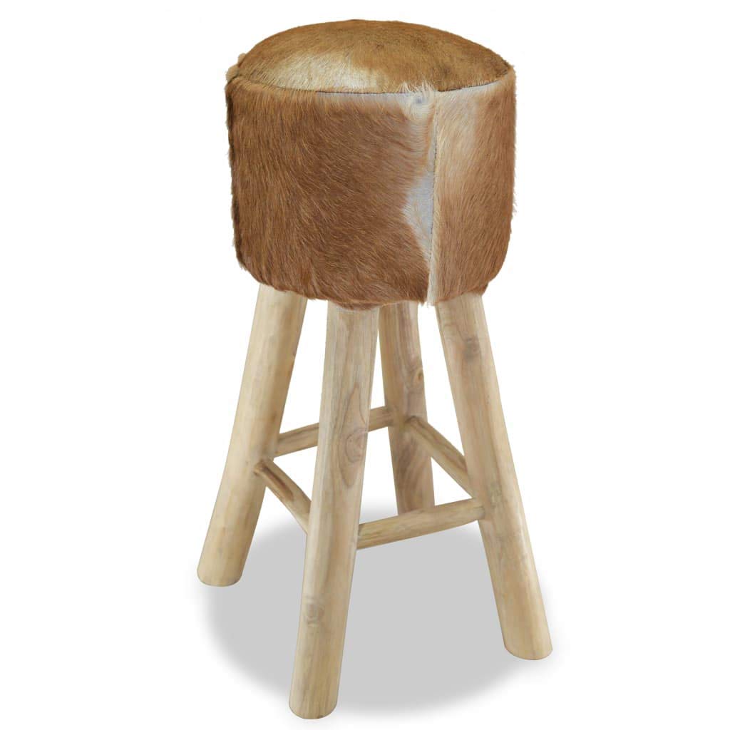 vidaXL Handmade Bar Stool with Genuine Goat Leather Seat and Solid Teak Wood Frame - Rustic Brown, Scandinavian Style, Ideal for Home and Commercial Settings