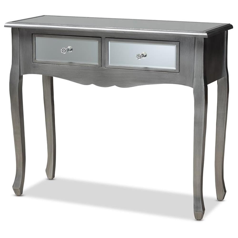Baxton Studio Leonie Modern Transitional French Brushed Silver Finished Wood and Mirrored Glass 2-Drawer Console Table