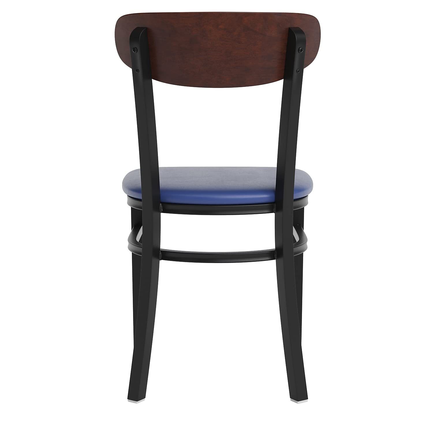 Flash Furniture Wright Commercial Dining Chair 519 LB. Capacity Black Steel Frame-Integrated Footrest, 1 Pack, Walnut Wood Back/Blue Vinyl Seat