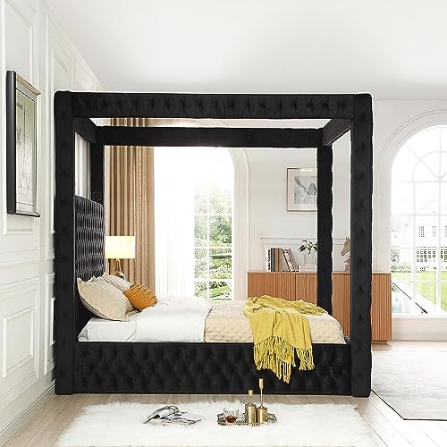 Woodpeckers Furniture And Mattress Luxurious Velvet Canopy Dream Bed with Speaker & USB Connection (King, Black)