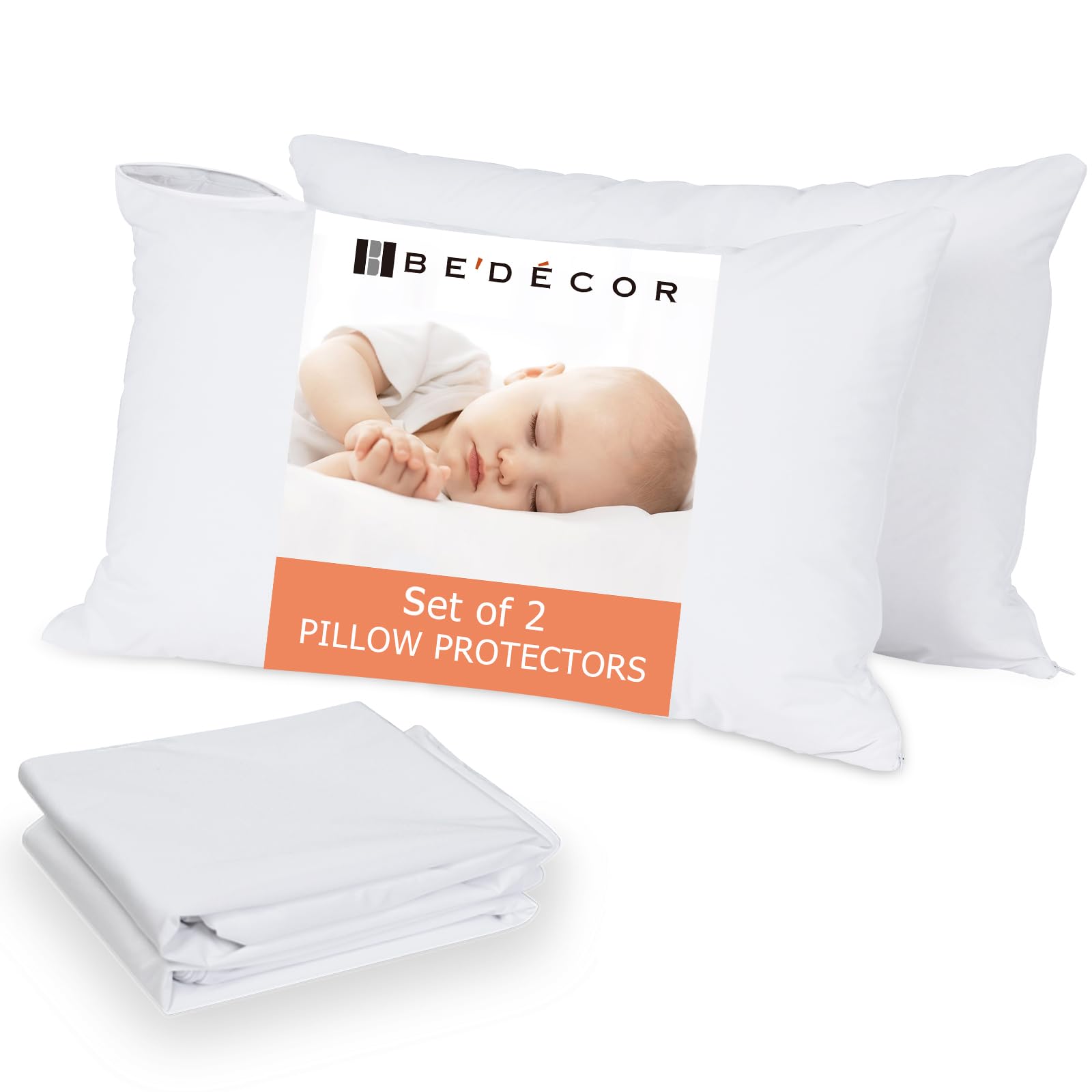 Bedecor Queen Pillow Protector With Zipper 2 Pack ,Waterproof Pillow Covers Encasement Smooth Dust Proof With Breathable Holes A