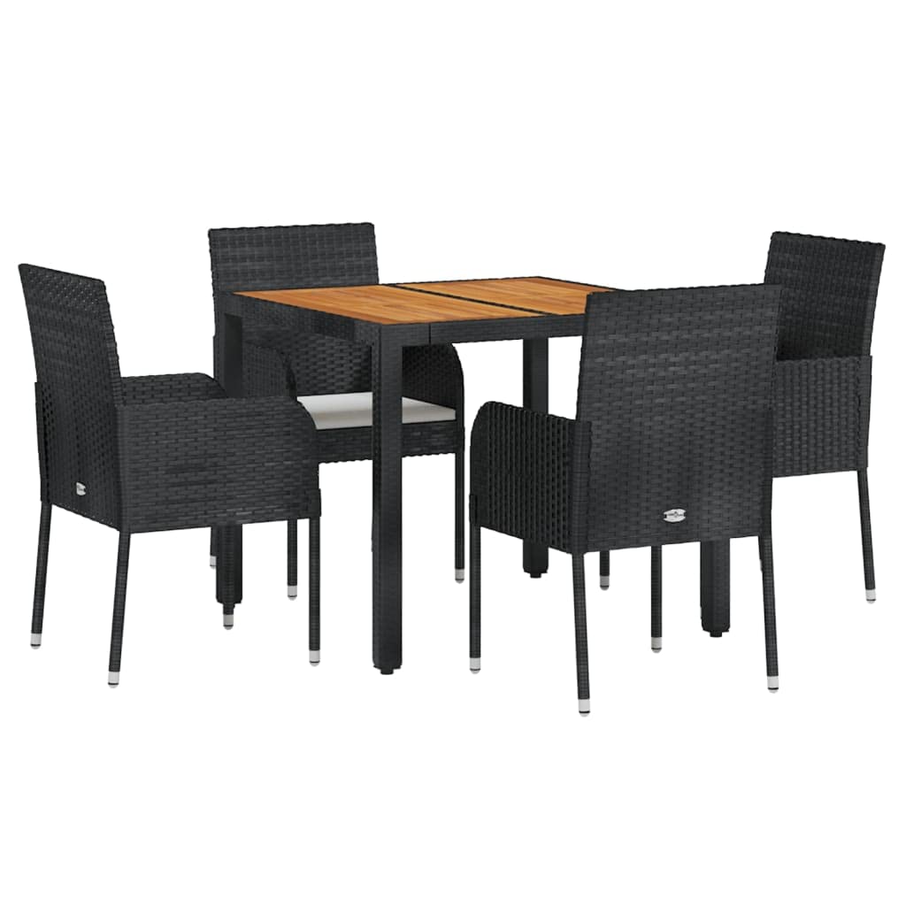 vidaXL Patio Dining Set with Cushions - 5 Piece, Black Poly Rattan, Weather-Resistant, Acacia Wood Tabletop, Cream White Cushions