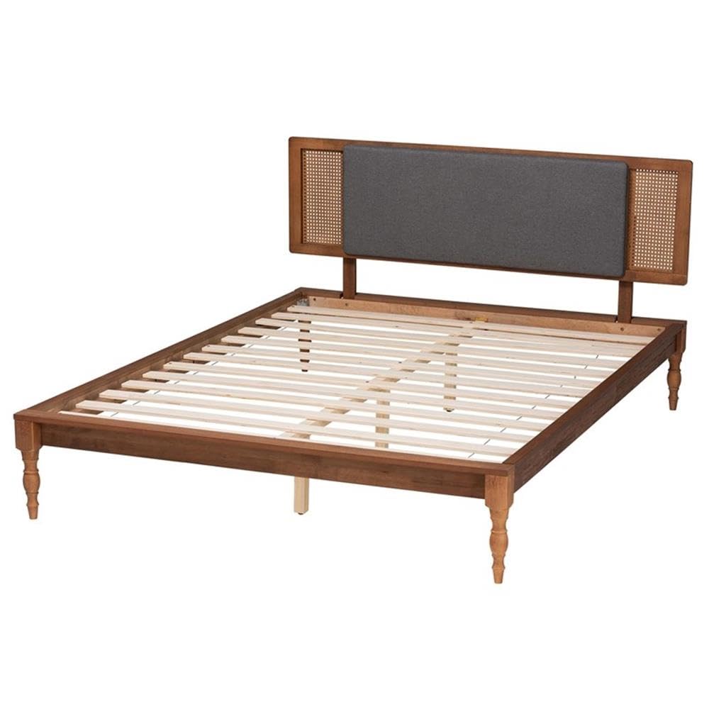 Baxton Studio Eliseo Mid-Century Modern Dark Grey Fabric and Walnut Brown Finished Wood Full Size Platform Bed