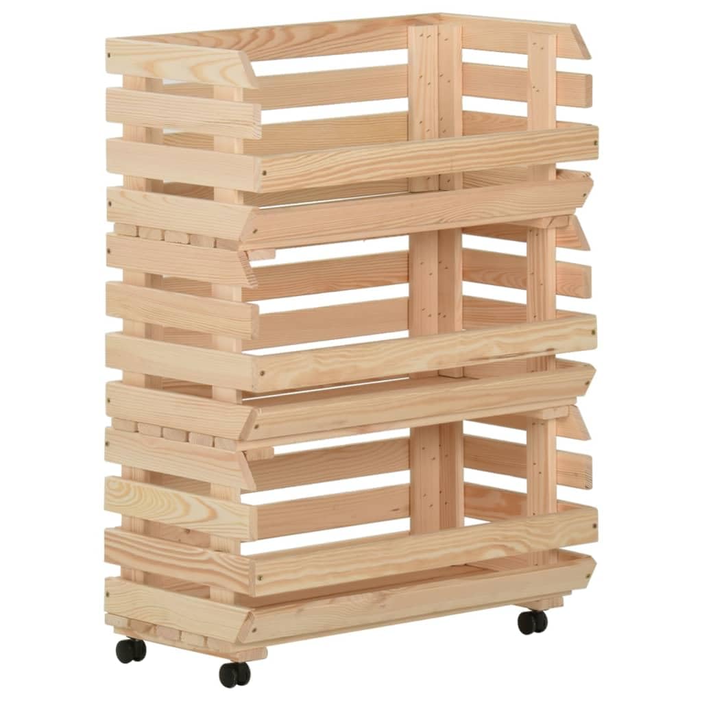 vidaXL Rustic Solid Pinewood Vegetable Trolley - 3 Compartments, Mobile Kitchen Cart with Rolling Casters, Brown, 22.4"x11.8"x31.5"