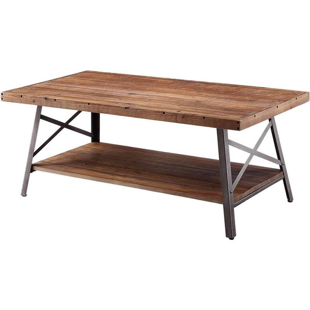 Acme Ikram Rectangular Wooden Coffee Table in Weathered Oak and Sandy Black