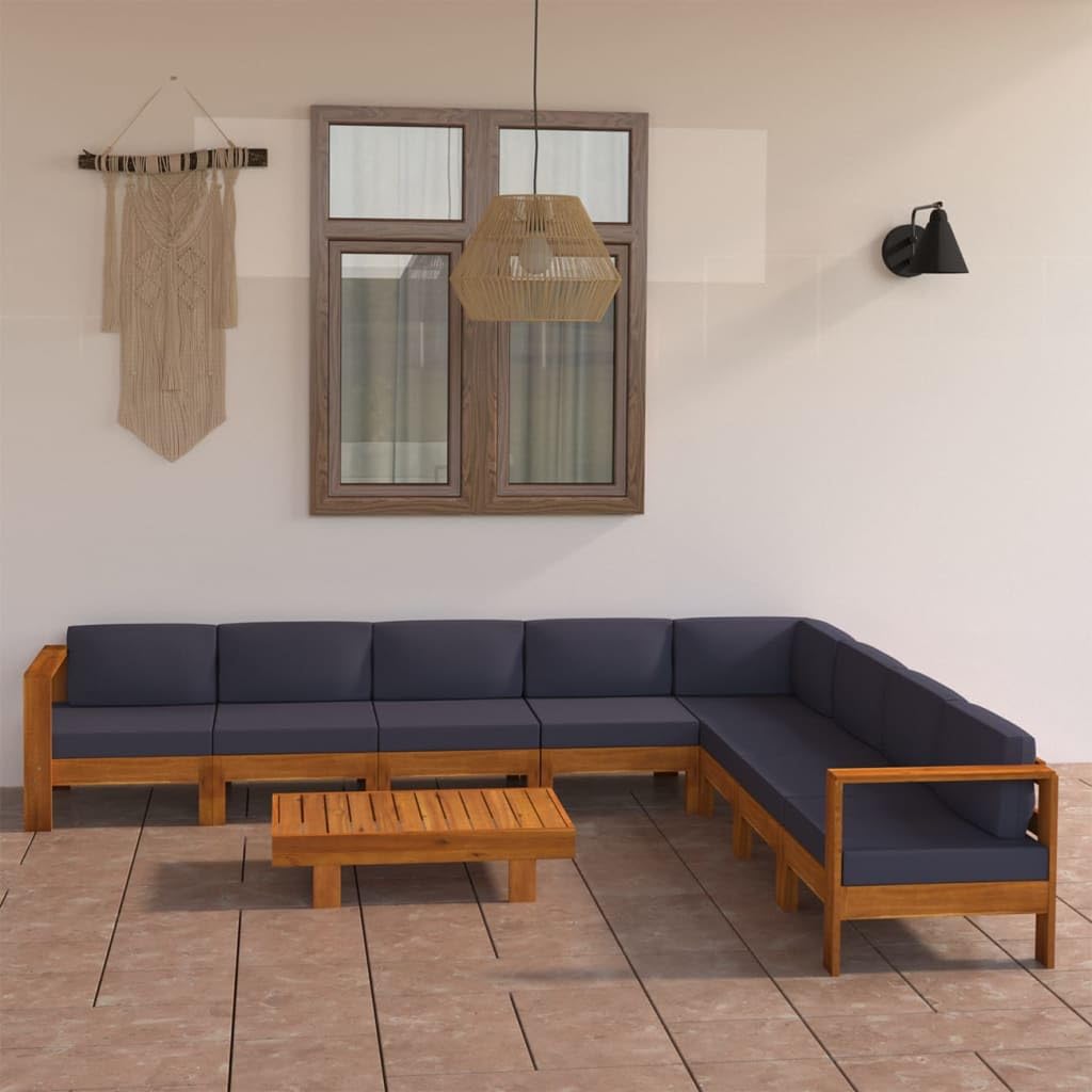 vidaXL Patio Lounge Set 9 Piece, Sectional Sofa for Outdoor Garden, Patio Furniture with Dark Gray Cushions, Coffee Table, Modern Style, Acacia Wood
