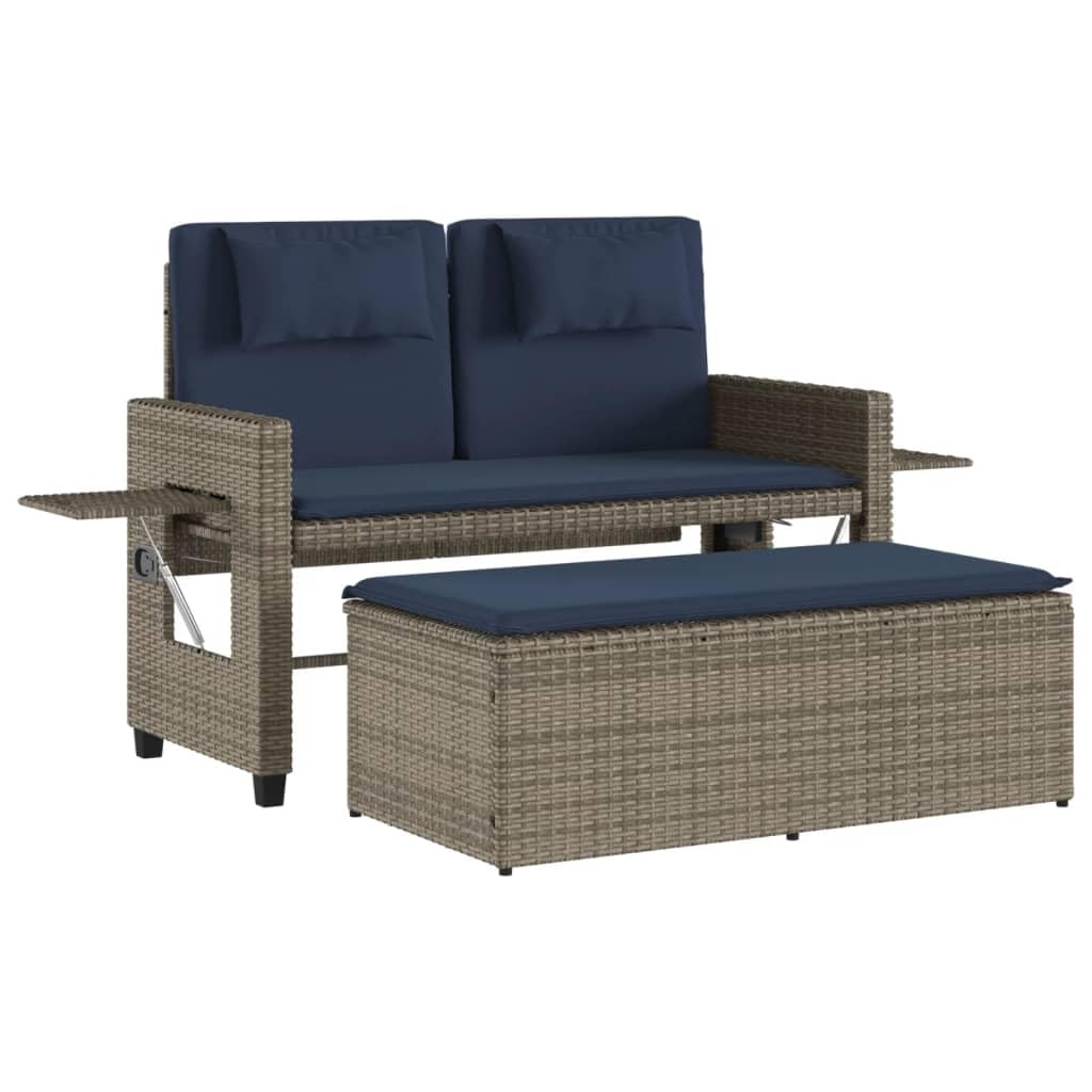 vidaXL Reclining Patio Bench with Cushions - Gray Poly Rattan 2-Seater Outdoor Loveseat/Sofa Bed with Adjustable Backrest, Side Table & Storage