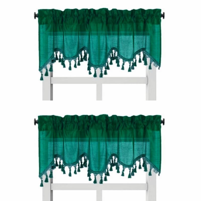 Solid Faux Silk Swag Waterfall Cascade Ascot Window Curtain Valance W/Tassels Trim 55' X18' Wave (2, Hunter Green)