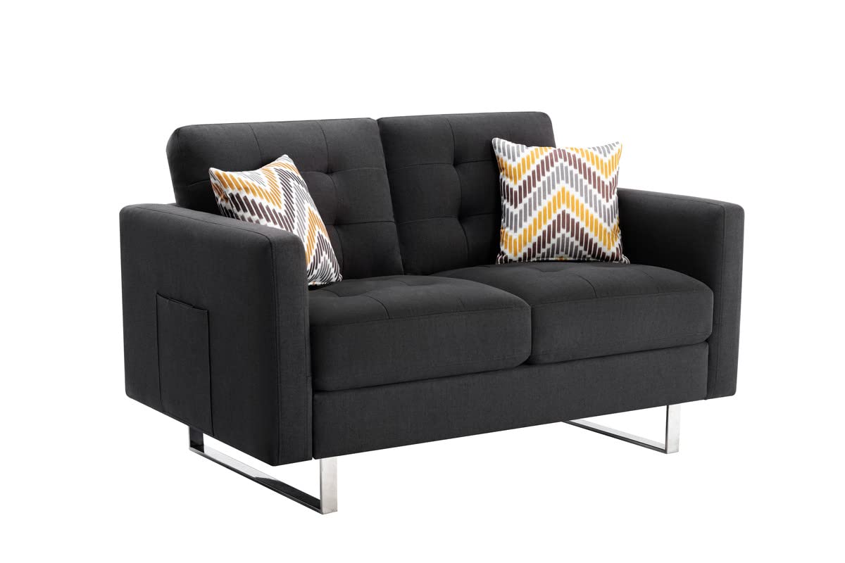 Lilola Home Victoria Dark Gray Linen Fabric Loveseat with Metal Legs, Side Pockets, and Pillows