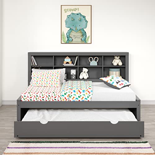 Donco Kids Equable Modern Twin Bookcase Daybed in Dark Grey Finish with Twin Trundle