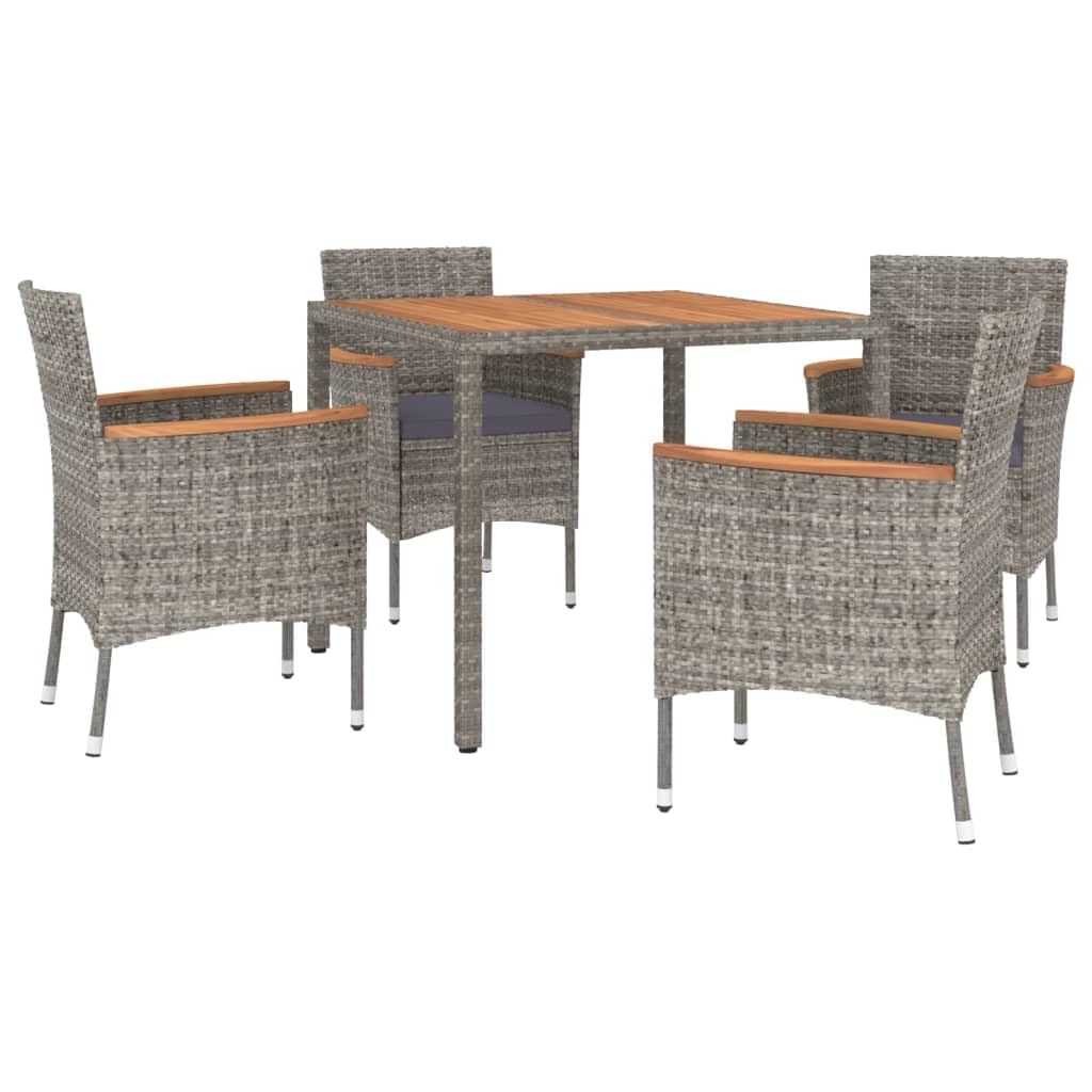 vidaXL 5 Piece Patio Dining Set with Cushions - Gray Poly Rattan & Solid Acacia Wood - Weather-Resistant Outdoor Furniture
