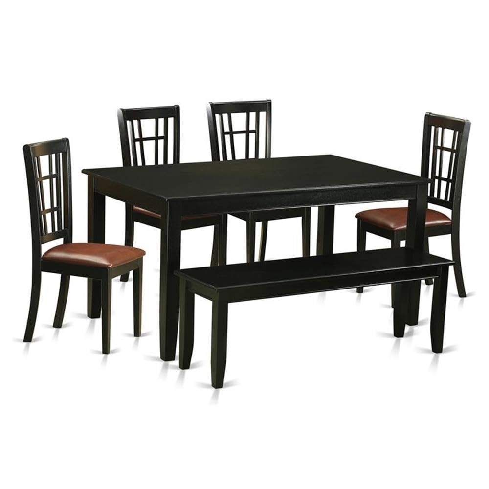 East West Furniture DUNI6-BLK-LC 6 Piece Kitchen Table & Chairs Set Contains a Rectangle Dining Table and 4 Faux Leather Dining Room Chairs with a Bench, 36x60 Inch, Black