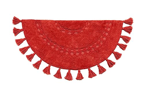 Bien Beau Half Circle Bohemian Bathroom Rug With Tassels & Crochet Insert -100% Cotton - Half Round Boho Bedroom Rug-Red Paprika