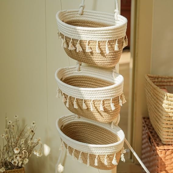 Gowithgreen 3Tier Hanging Storage Baskets With Tassels | Wall Mounted Cotton Rope Organizer | Boho Hanging Fruit & Vegetable Ba