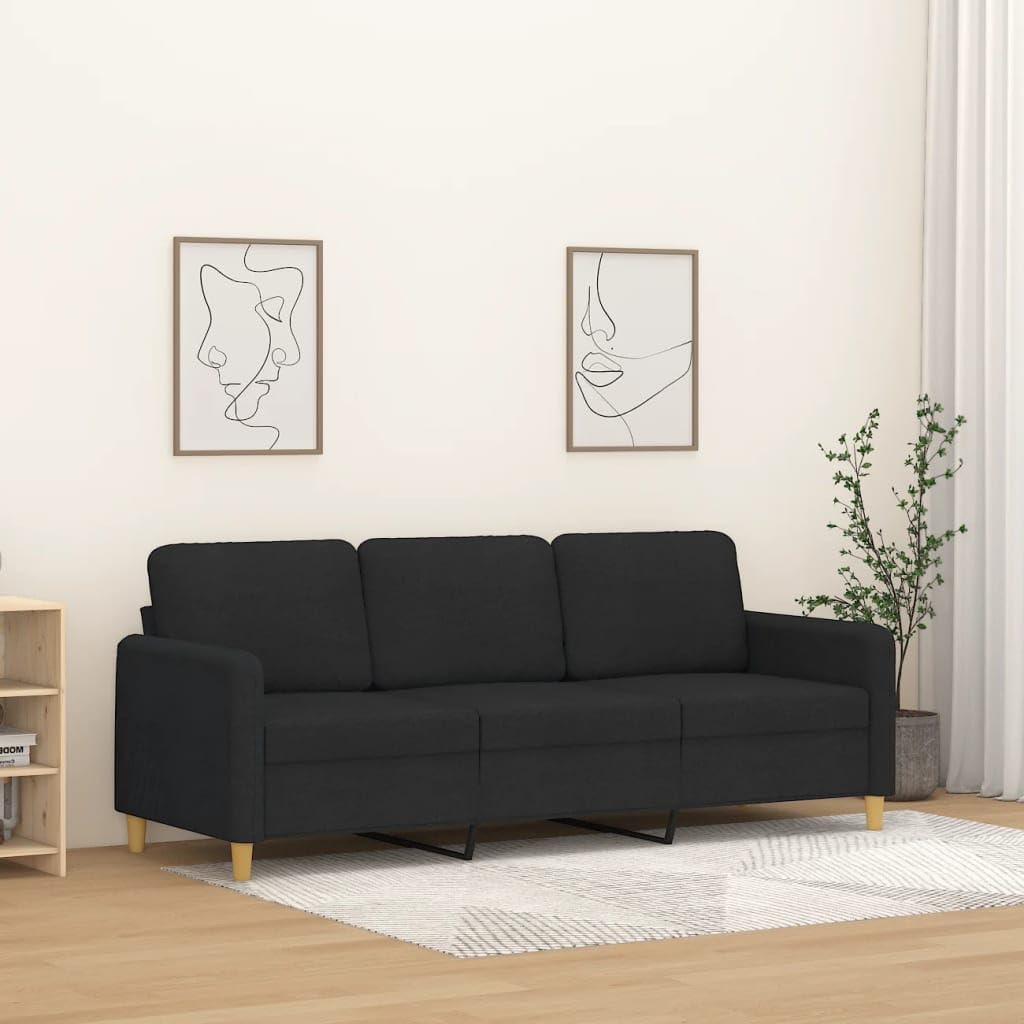 vidaXL 3-Seater Sofa in Black Fabric with Sturdy Metal Frame, Spacious and Comfortable Seating for Office, Living Room or Lounge Area