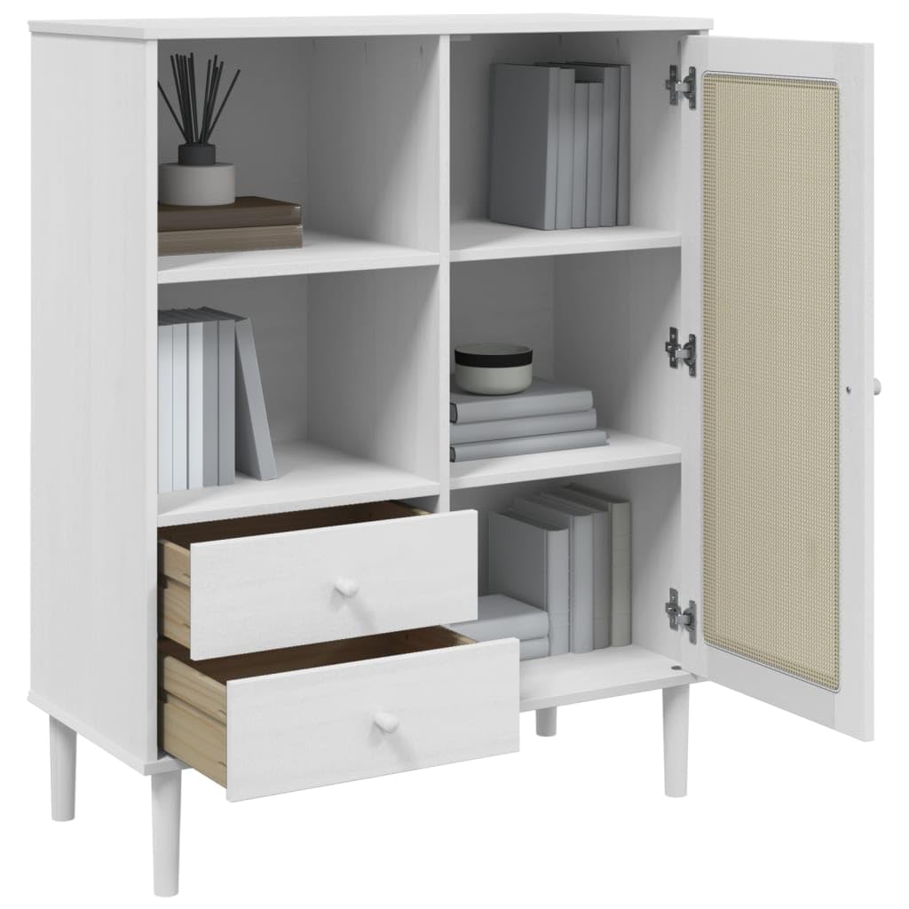 vidaXL Highboard SENJA, Solid Pinewood with UV Varnish Finish, White Large Storage Sideboard with Poly Rattan Look Surface, Dimensions 35.4&quot;x15.7&quot;x44.1&quot;