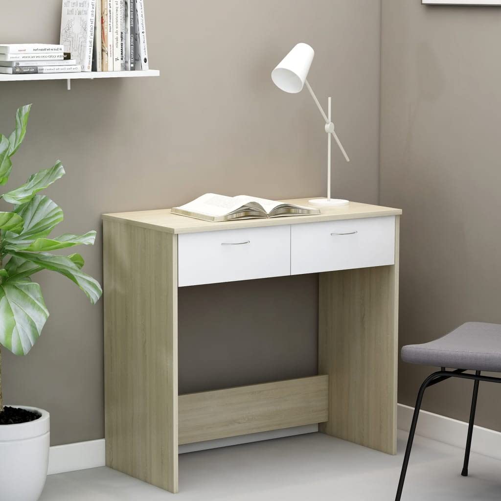 vidaXL Desk, Standing Computer Desk with Drawers, Home Office Desk, Workstation for Living Room, Scandinavian, White and Sonoma Oak Engineered Wood
