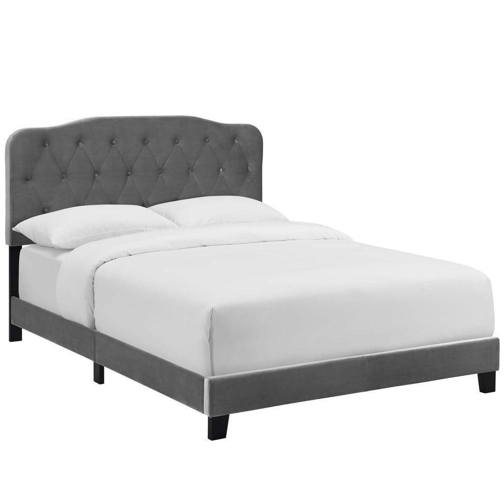 CasaFoyer Amelia Performance Velvet Queen Bed | Luxurious Design | Stain-Resistant | Button-Tufted Headboard | Solid Wood Construction | Non-Marking Legs | Maximum Stability | Elegant Curves | Opulent Appearance | Gray