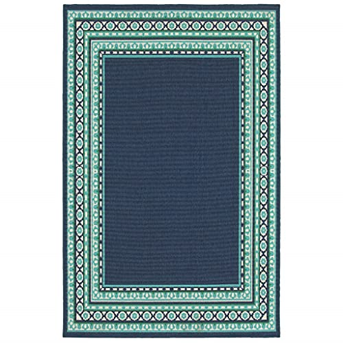HomeRoots Polypropylene 9’x13’ Navy and Green Geometric Indoor Outdoor Area Rug