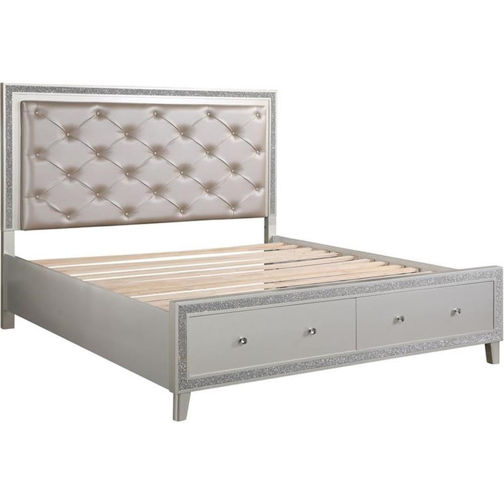 Acme Sliverfluff Faux Leather Tufted Queen Platform Bed in Champagne Gray