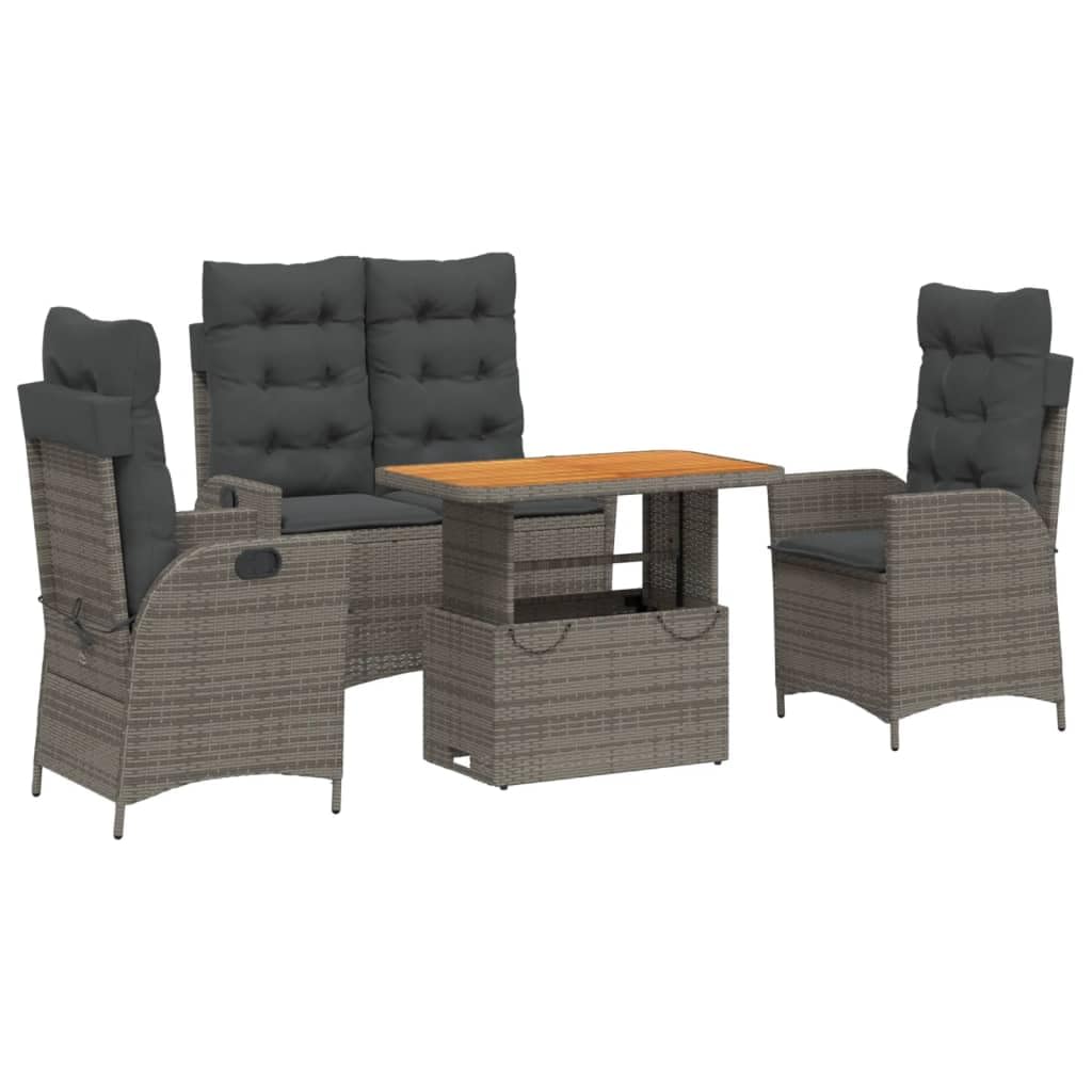 vidaXL Patio Dining Set with Cushions - 4 Piece PE Rattan Outdoor Reclining Chairs-Adjustable Bench and Lift-Up Table