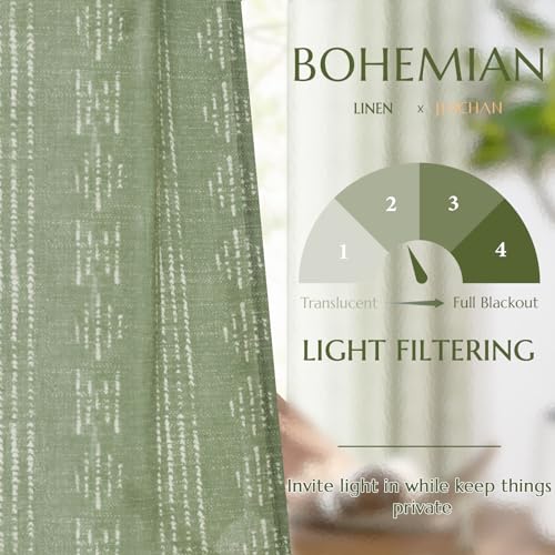 Jinchan Boho Curtains Linen Blend Curtains For Living Room Farmhouse Sage Green Curtains 90 Inches Long For Bedroom Semi Sheer Striped Printed Light Filtering Grommet Curtains 2 Panels Set