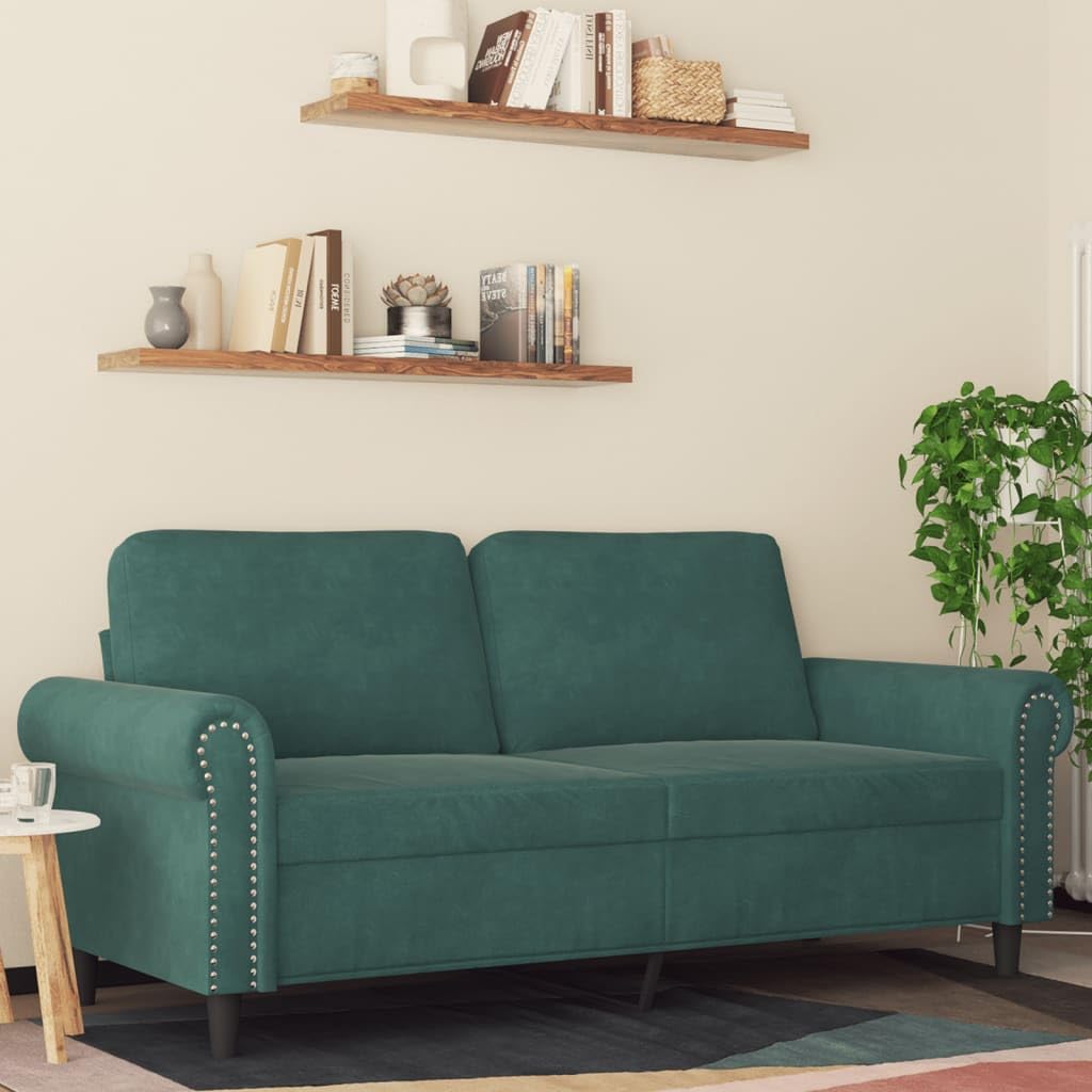 vidaXL Modern 2-Seater Sofa in Velvet Fabric with Densely Padded Seat and Armrests - Dark Green