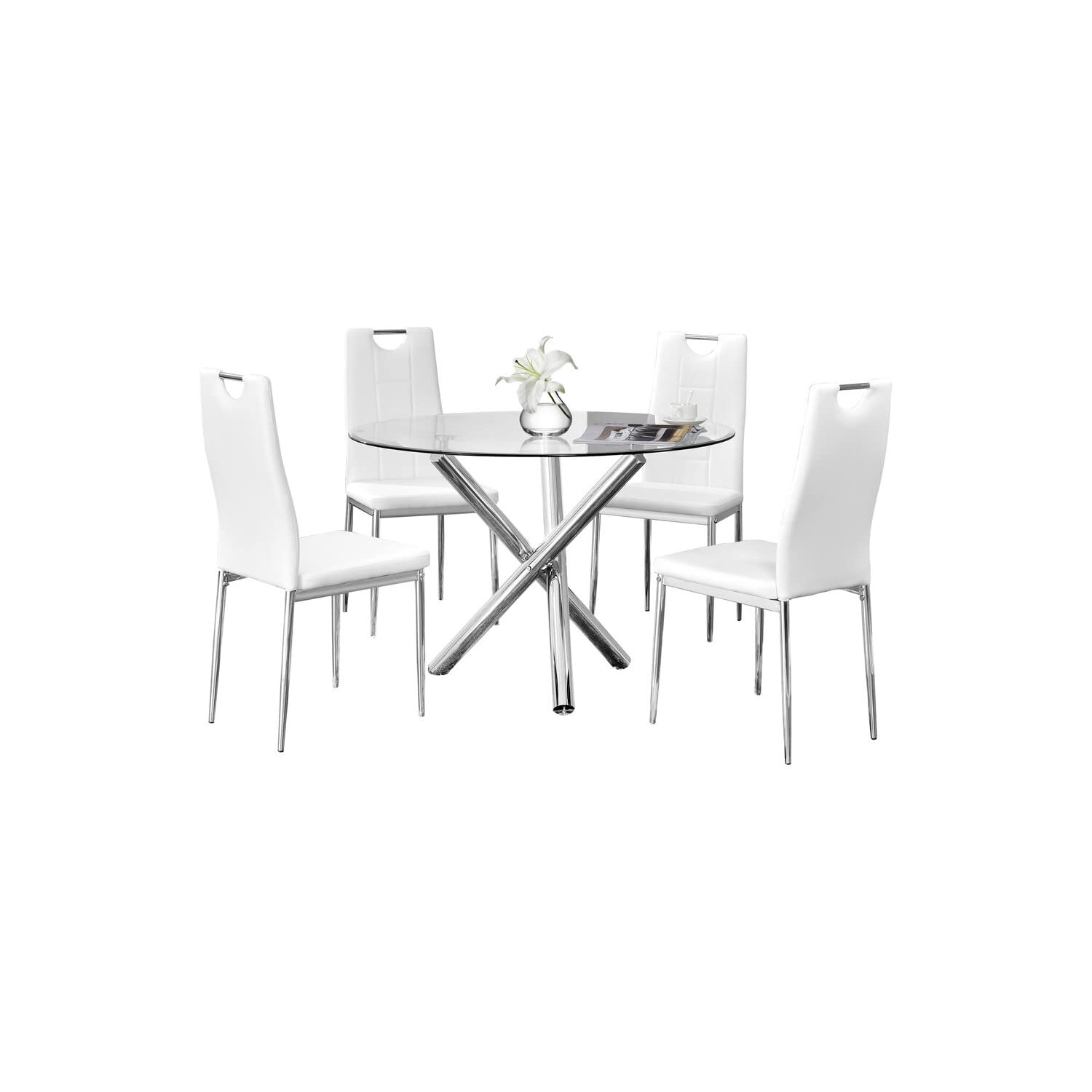 Best Master Furniture Crystal 5 Pcs Round Glass Top Dinette Set 5-Piece, White