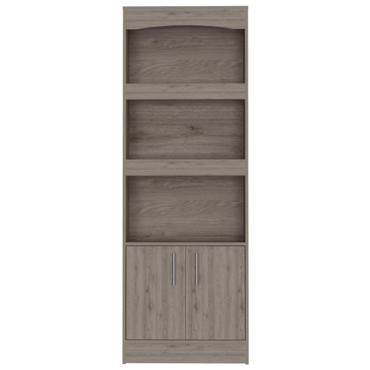 Dozza Bookcase with 3 Shelves, Double Door Cabinet, and Metal Handles, Light Gray