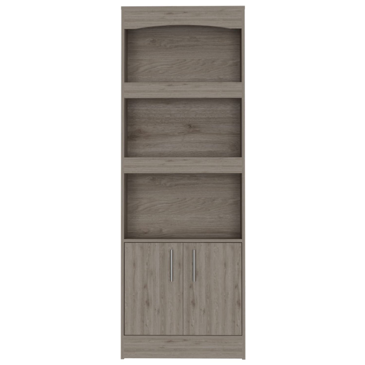 Dozza Bookcase with 3 Shelves, Double Door Cabinet, and Metal Handles, Light Gray