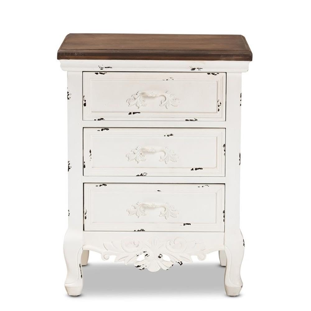Baxton Studio Levron Classic and Traditional Walnut Brown and Antique White Finished Wood 3-Drawer Nightstand
