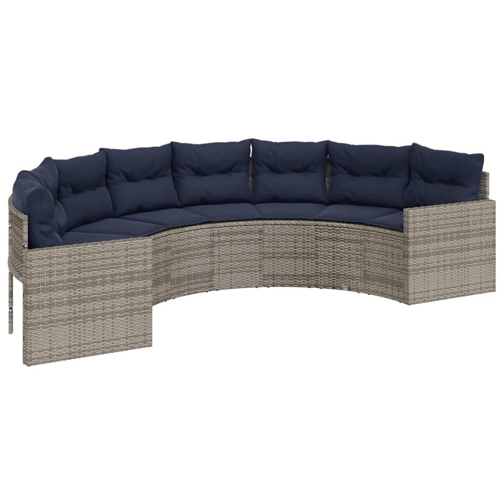 vidaXL Patio Sofa with Cushions - Half-Round Gray PE Rattan Outdoor Couch - Navy Blue Cushions, Powder-Coated Steel Frame, Spacious Comfortable Garden Seating - 113&quot; Diameter