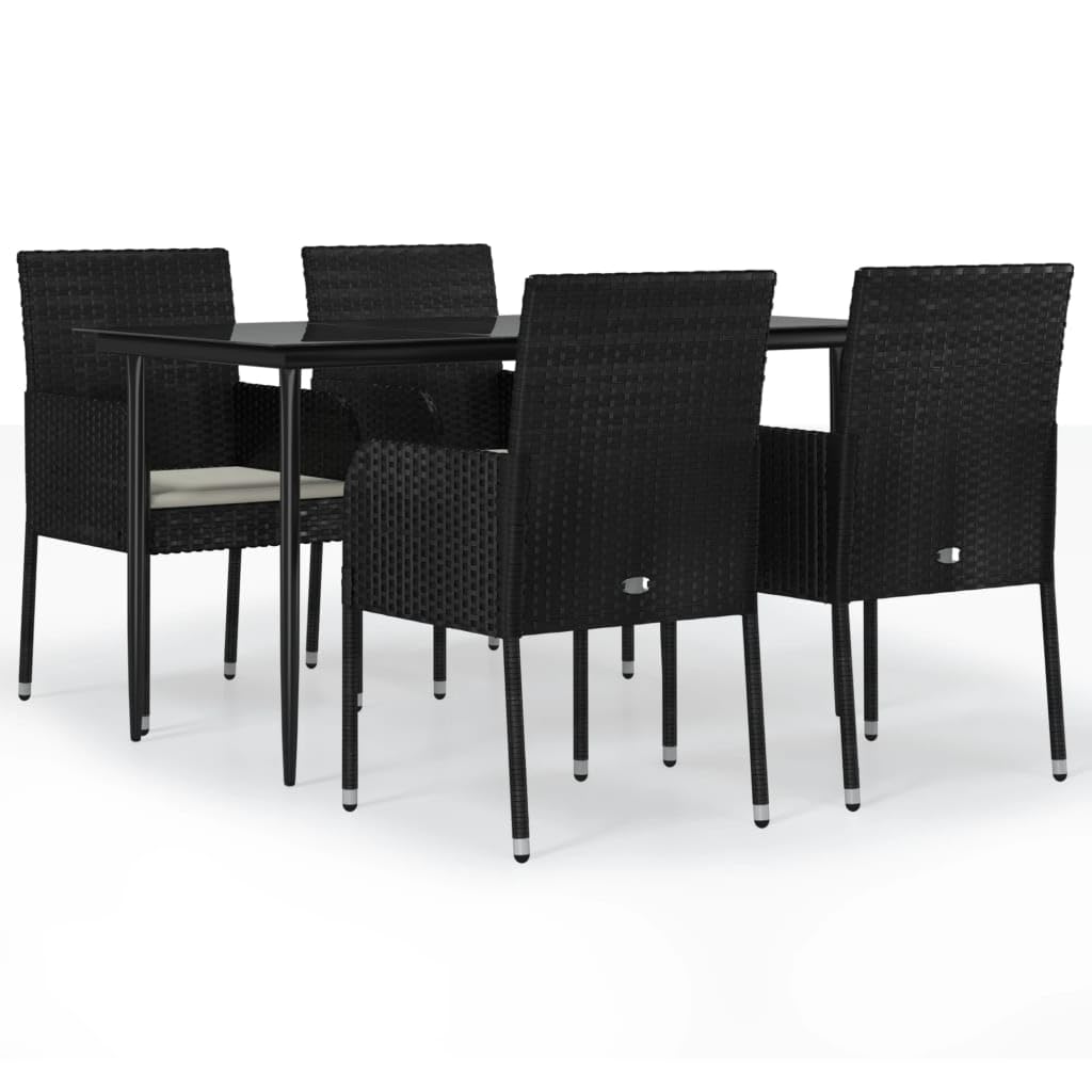 vidaXL 5 Piece Patio Lounge Dining Set - Black PE Rattan, Cream White Cushions, Sturdy Steel Frame, Tempered Glass Tabletop, Rectangular Table