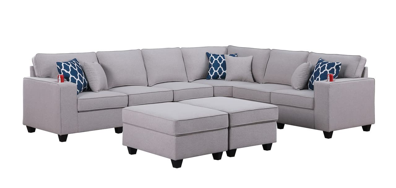 Lilola Home Cooper Light Gray Linen 8Pc Reversible L-Shape Sectional Sofa with Ottomans and Cupholder