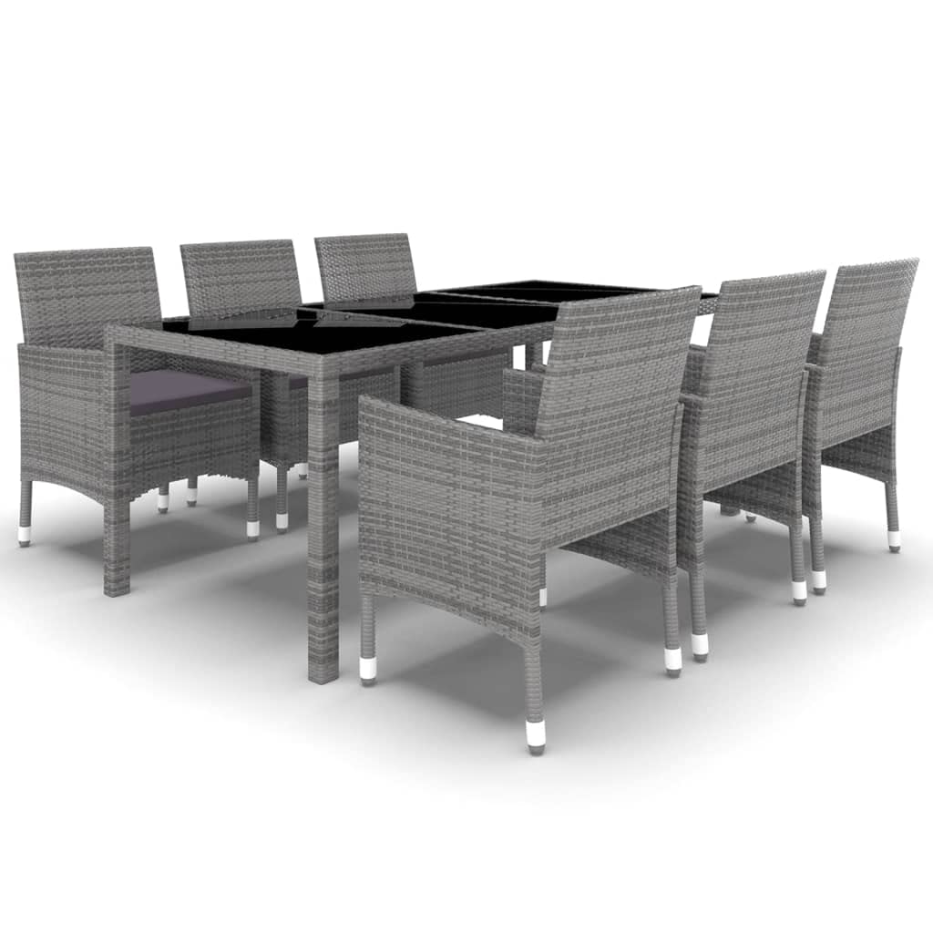 vidaXL Patio Dining Set 7 Piece Garden Outdoor Lawn Yard Terrace Balcony Table and Chair Seat Seating Furniture Poly Rattan and Tempered Glass Gray