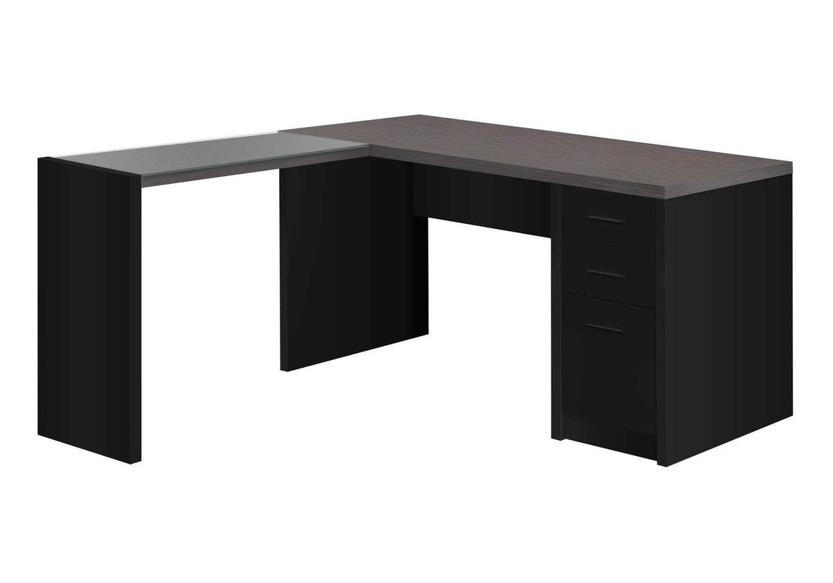 Monarch Specialties Workstation with Storage-Tempered Glass Top L Shaped Corner Desk with Drawers, 60' L, Black-Grey