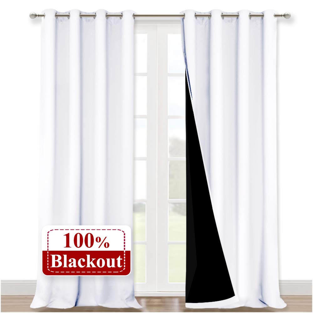 Nicetown White 100% Blackout Curtains For Windows, Pack Of 2, 52 Inches W X 102 Inches L, Super Heavy-Duty Black Lined Total Dar