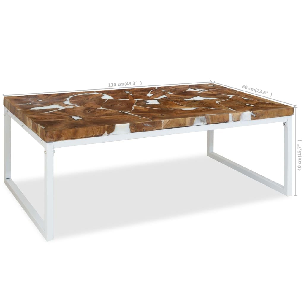 vidaXL Teak Coffee Table Resin 43.3" - Handcrafted Rectangular Sofa Table/Side Accent Table, Modern Teak Timber Design with Steel Frame