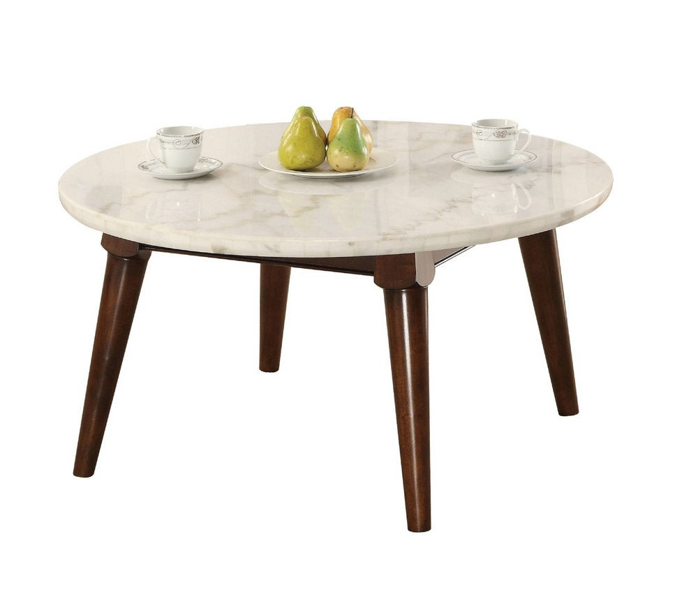 Acme Furniture Round Marble Coffee Table in White and Walnut
