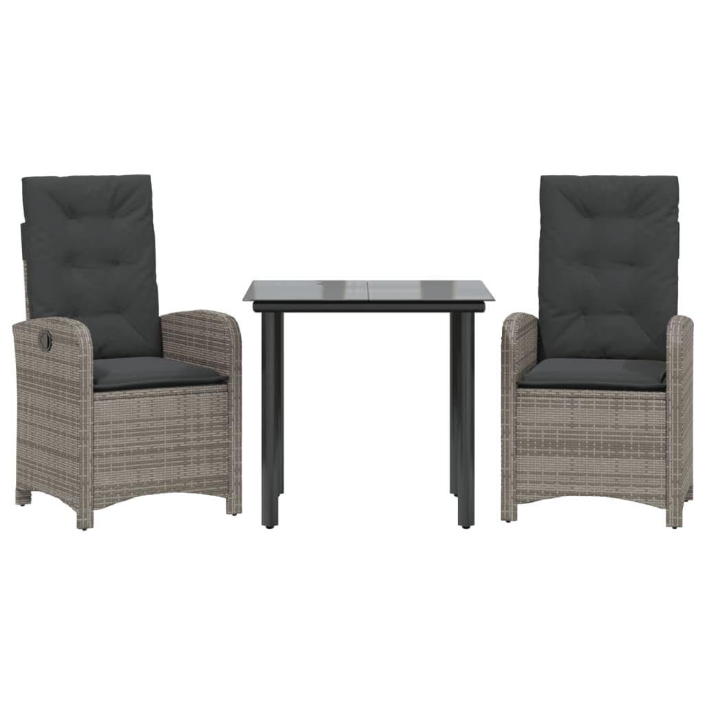 vidaXL 3 Piece Patio Dining Set - Adjustable Reclining Chairs with Cushions & Glass Tabletop, PE Rattan, Gray
