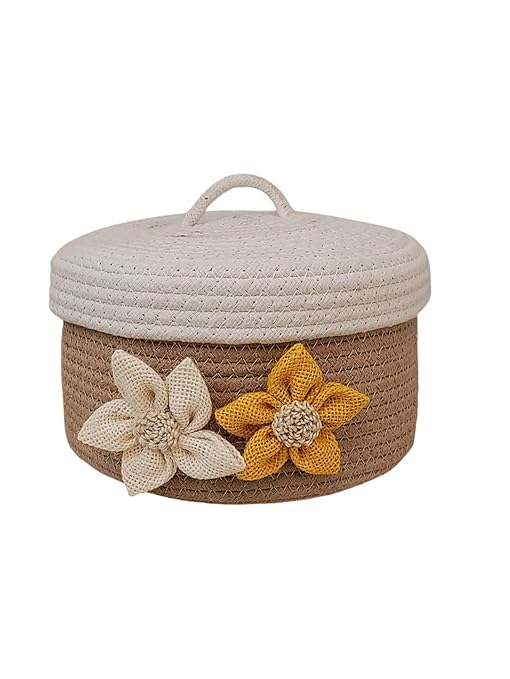 Sayna Textiles| Round Cotton Storage With Lid Gift Basket For Closet Wardrobe Packing, Wedding Organizer, Eco Friendly Bins Org