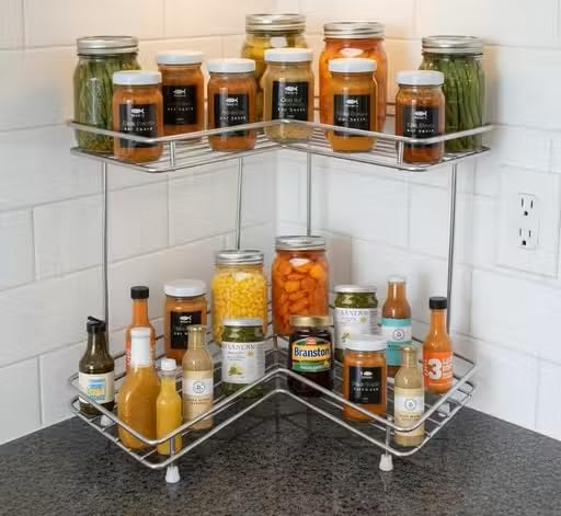 Laddoo Stainless Steel 2Tier Corner Kitchen Organizer Rack | SpaceSaving Countertop Storage Shelf For Bottles, Jars & Condimen