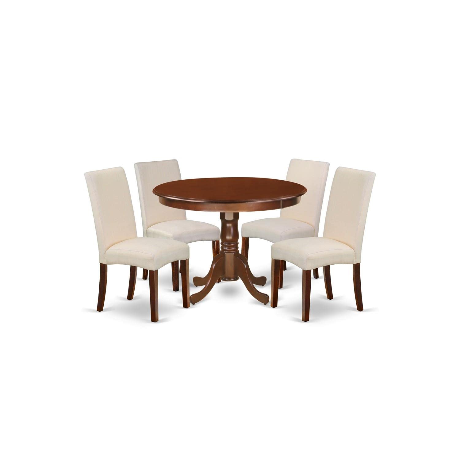East West Furniture Hldr5-Mah-01 5 Piece Dining Set Includes A Round Dining Room Table With Pedestal And 4 Cream Linen Fabric Upholstered Parson Chairs, 42X42 Inch, Mahogany