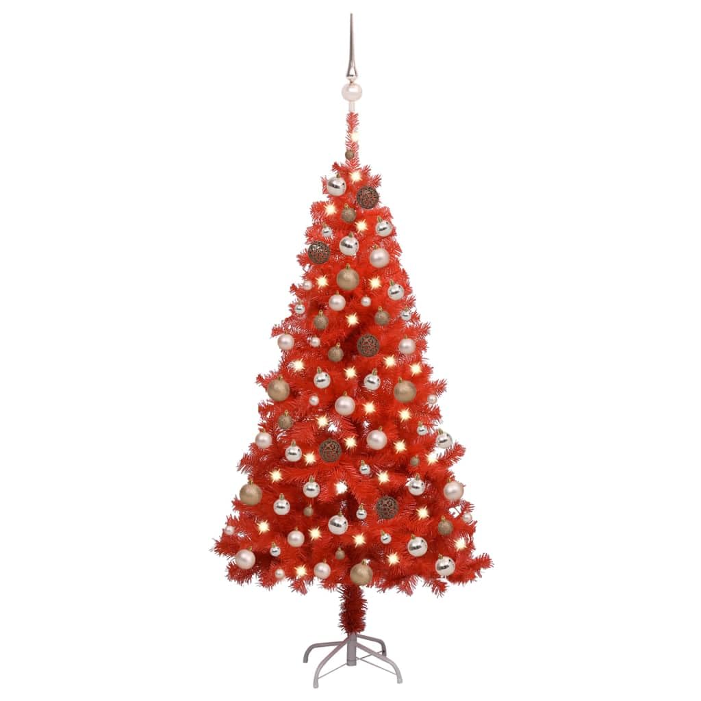 Vidaxl Lifelike Artificial Christmas Tree In Red Pvc With Led String Lights, Decorative Balls And Peak - 59.1&quot; In Height & 29.5&quot; Diameter - Easy Assembly Required; Durable And Economical Festive Decor