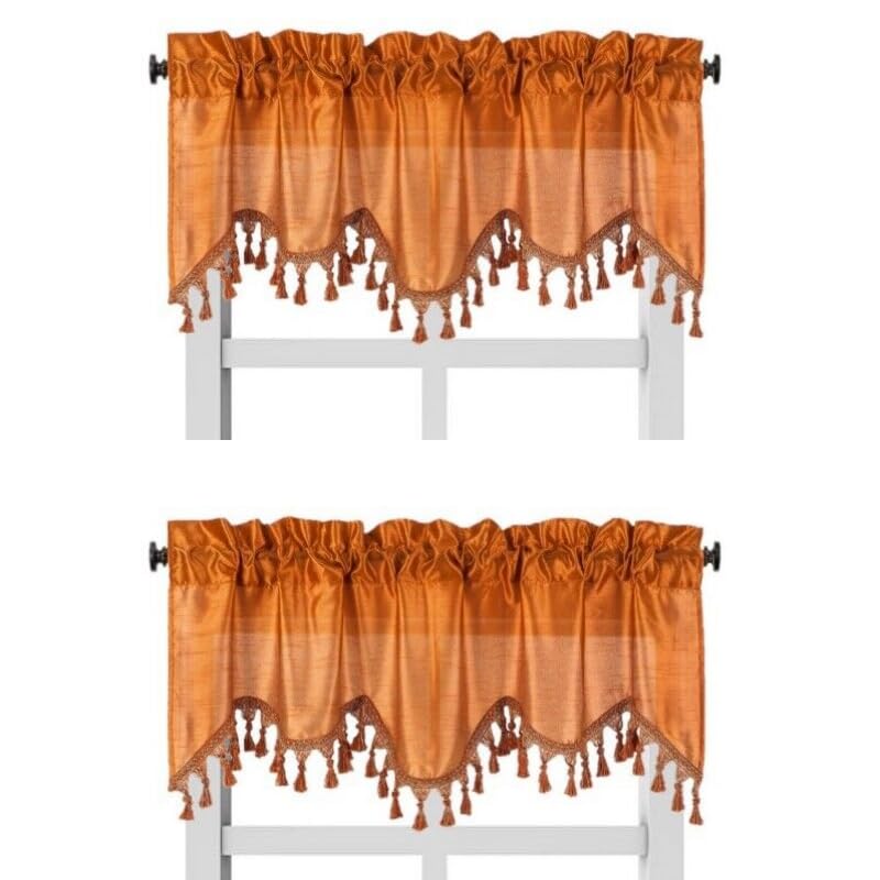 Solid Faux Silk Swag Waterfall Cascade Ascot Window Curtain Valance W/Tassels Trim 55' X18' Wave (2, Orange)