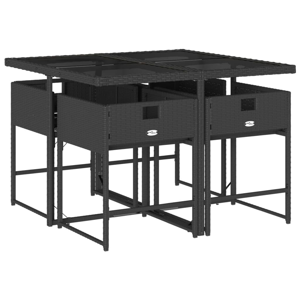 vidaXL 5 Piece Patio Dining Set with Cushions - Outdoor Garden Furniture Set, Black PE Rattan, Foldable Storage, Tempered Glass Tabletop, Cream White Cushions