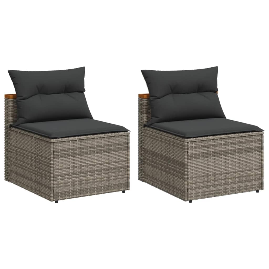 vidaXL Outdoor Patio Sofas 2 Pcs - Gray PE Rattan Armless Chairs with Cushions, Modular Seating for Garden/Deck