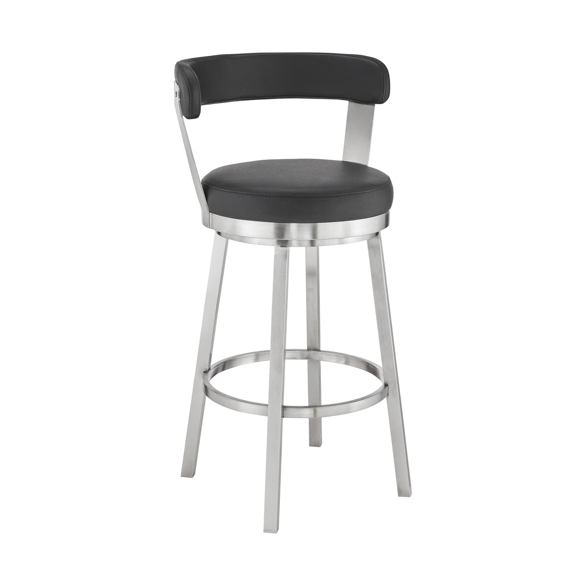 HomeRoots Stainless Steel. Faux Leather 30' Chic Black Faux Leather with Stainless Steel Finish Swivel Bar Stool