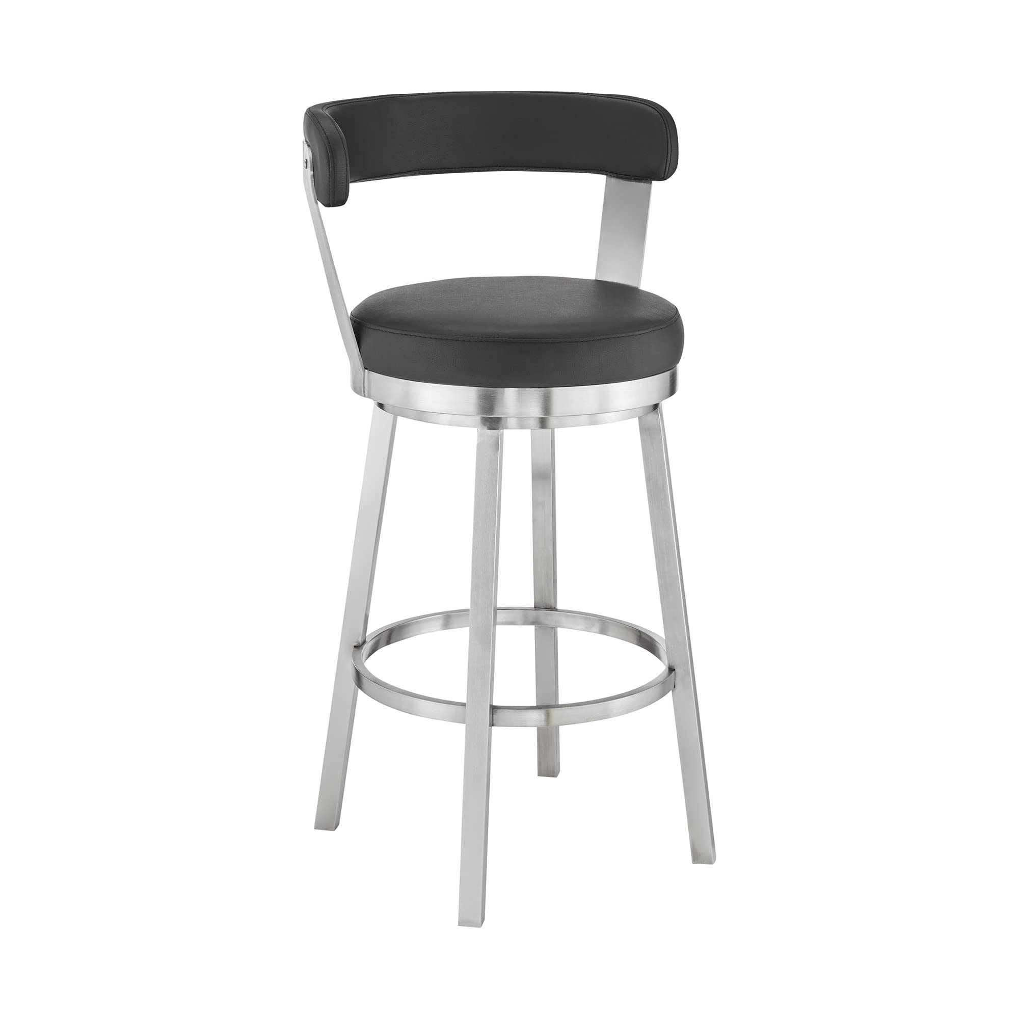 HomeRoots 26' Chic Black Faux Leather with Stainless Steel Finish Swivel Bar Stool