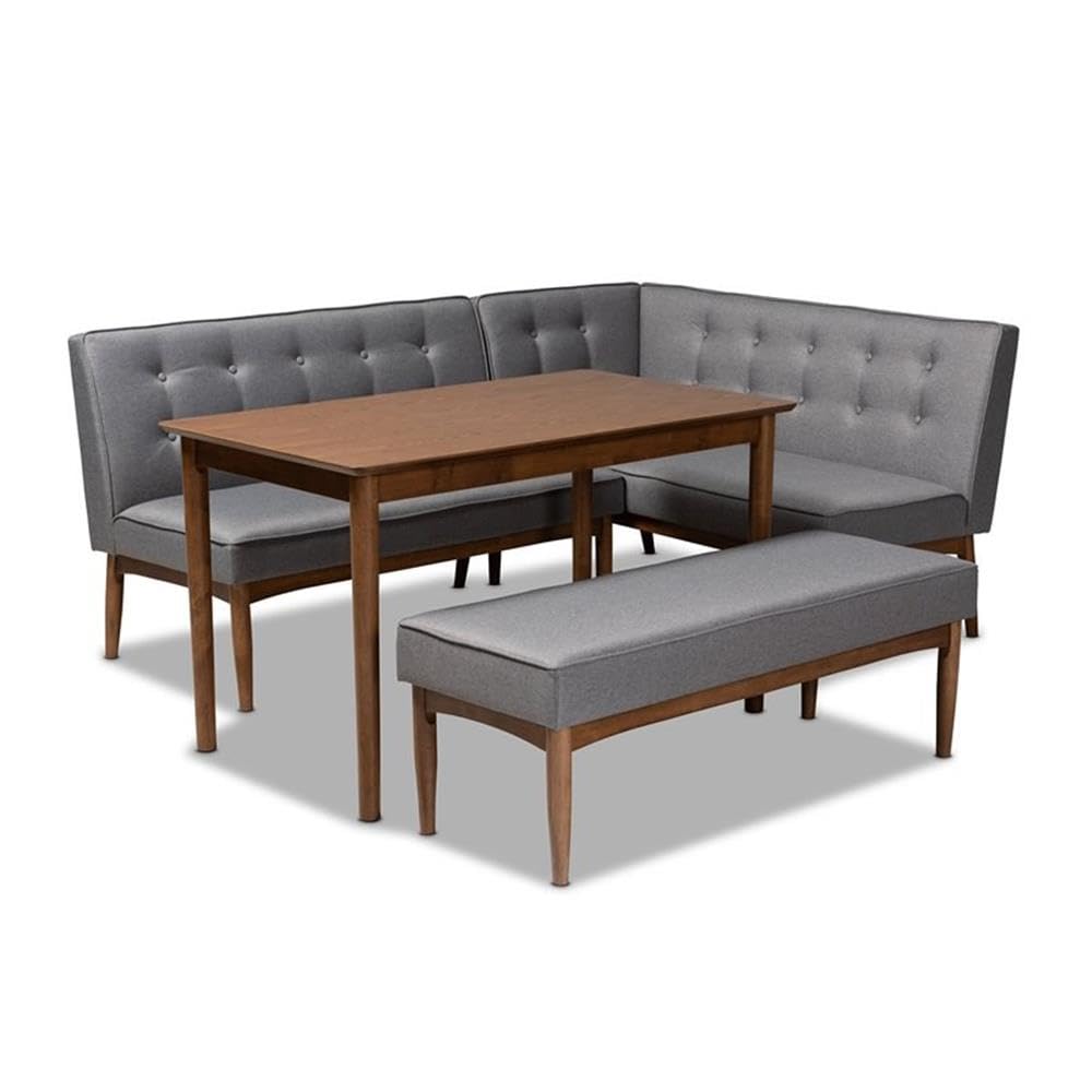 Baxton Studio Arvid Mid-Century Modern Gray Fabric Upholstered 4-Piece Wood Dining Nook Set